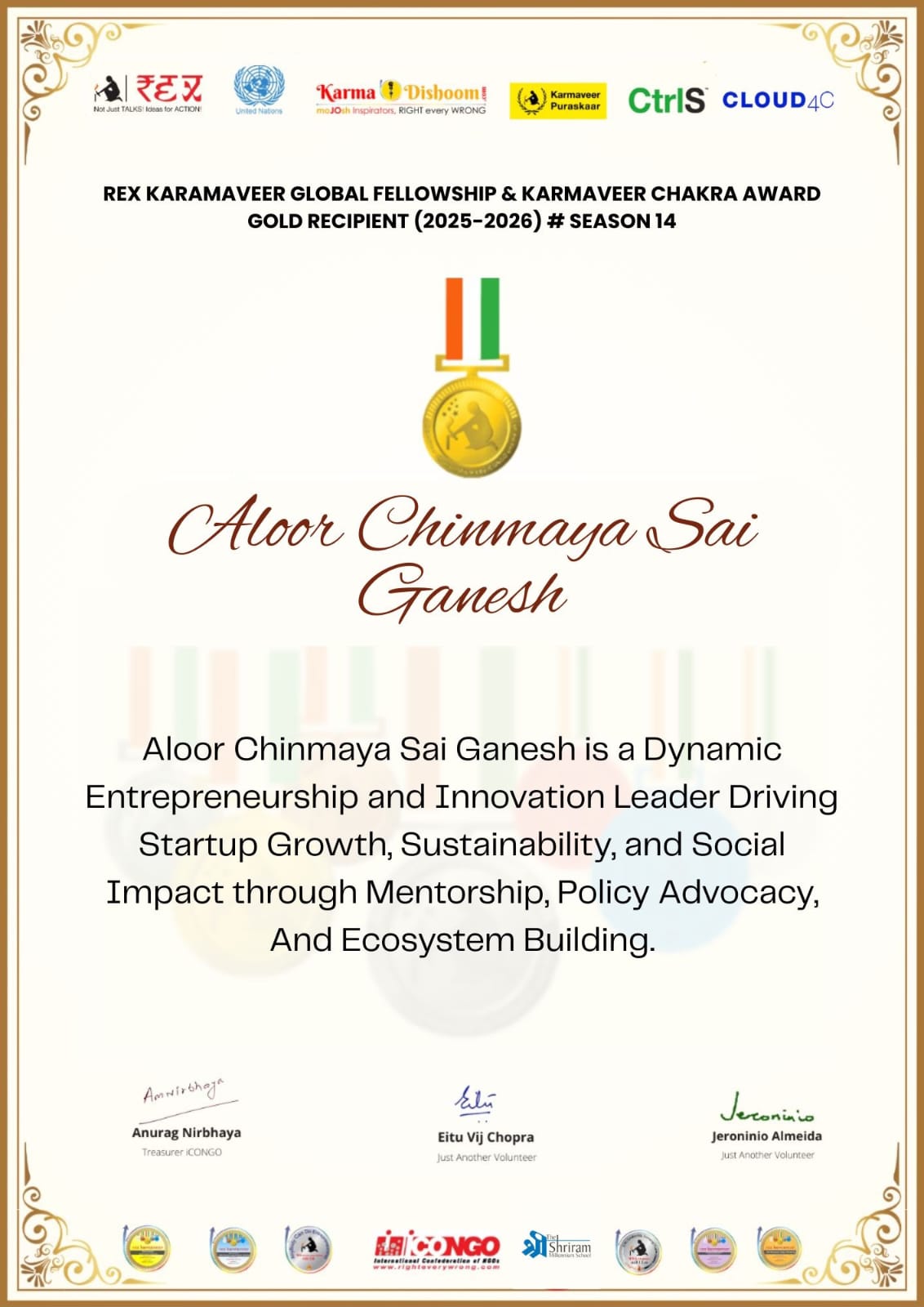 Aloor Chinmaya Sai Ganesh Conferred REX Karmaveer Chakra Award Gold Medal, Instituted by iCONGO in Partnership with the United Nations